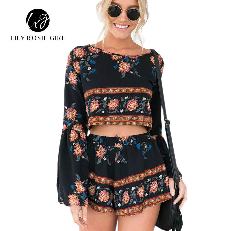 Boho Print Beach Elegant Jumpsuit Romper 2016 Summer Style Backless Long Sleeve Sexy Playsuit Women Two Piece Short Overalls