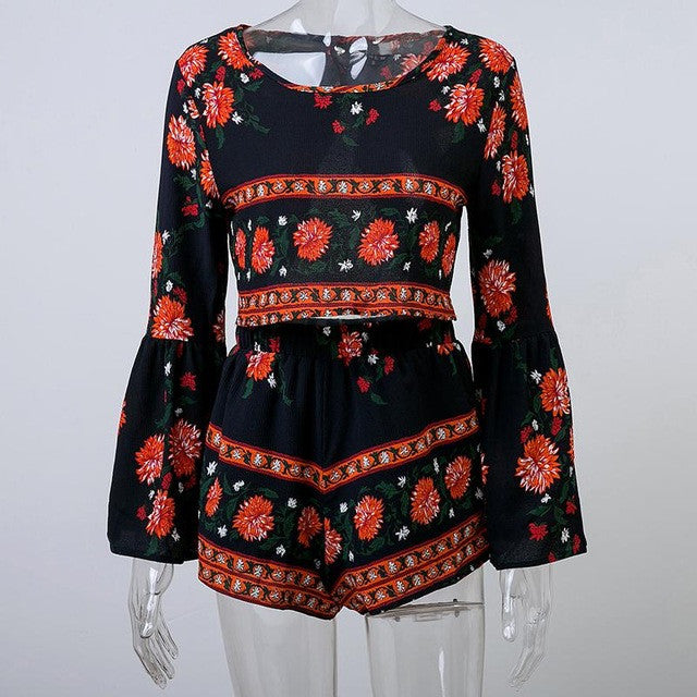 Boho Print Beach Elegant Jumpsuit Romper 2016 Summer Style Backless Long Sleeve Sexy Playsuit Women Two Piece Short Overalls